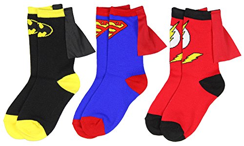 DC Comics Superman Batman Flash jóvenes muchachos Caped 3 Pack Crew Socks (4-6).