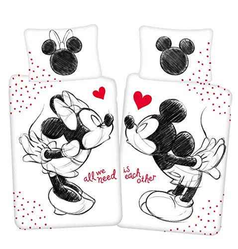Disney Mickey & Minnie Mouse All we Need - Juego de cama reversible (140 x 200 cm, almohada 70 x 90 cm, 100% algodón), color negro y blanco