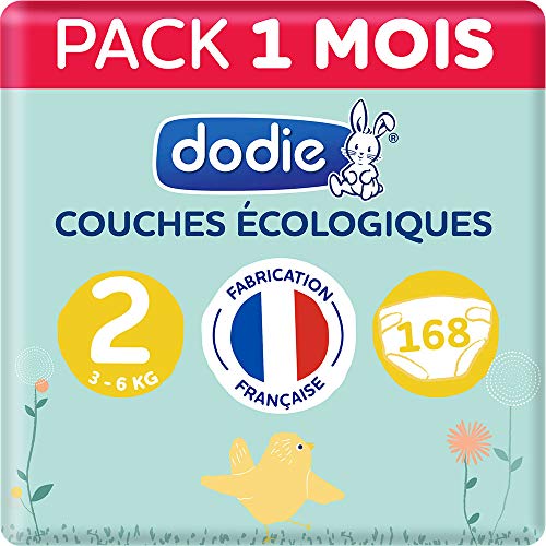 Dodie – Pañales ecológicos & franceses – Tamaño 2 (3 a 6 kg) – Pack 1 mes 168 pañales (lote de 3 x 56)