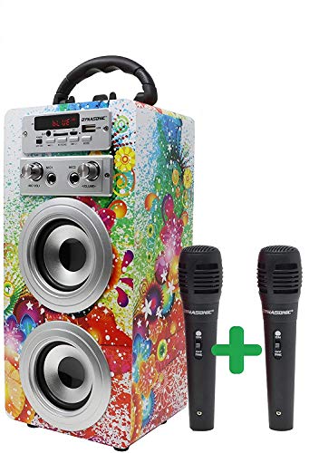 DYNASONIC - Altavoz Bluetooth Portátil con Karaoke | Radio FM y Lector USB SD (Modelo 1, 2 Micrófonos)