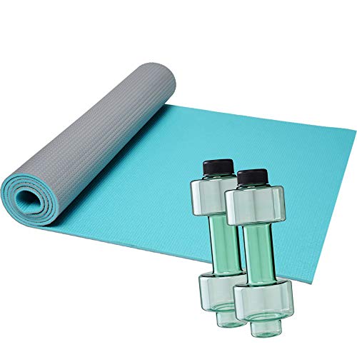 FUN FAN LINE - Pack de 1 Esterilla de Yoga Bicolor con Superficie Texturizada y Agarre Antideslizante + 2 Botellas mancuerna de Medio Kilo Cada una para Entrenamiento en casa (Gris + Verde Menta)
