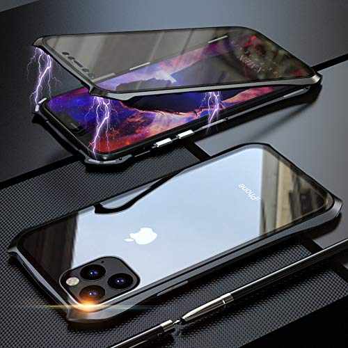 Funda para iPhone 11 Pro Magnetica Adsorption Carcasa,Estilo de diseño de Batman Frente y Parte Posterior Transparente Vidrio Templado 360 Grados Choque Protección Cover Case - Negro