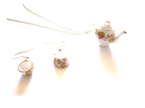 Gemas de Inglés en miniatura tetera de té pendientes y collar de hojas de oro de cerámica con caja de regalo