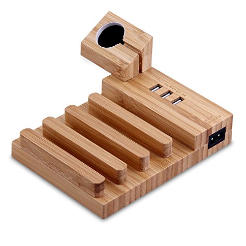 Hihey USB Charging Station Bamboo Organizer USB Charging Dock Desktop Stand Multi Devices Organizer Charging Station Holder con fácil Almacenamiento de Cables y función magnética
