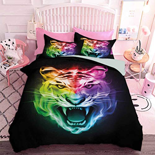 Hiiiman Juego de funda de edredón multicolor Abstracto Display grande Feline Blazing Spectrum of Fire Rainbow Color (3 unidades, tamaño King) con 2 fundas de almohada