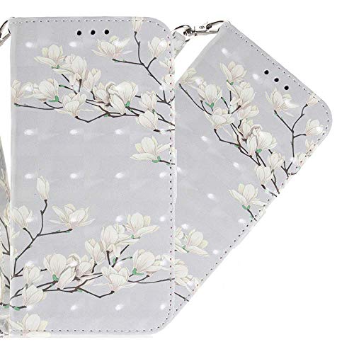 HMTECH Para Sony Xperia XZ3 Funda Flor de Magnolia Blanca PU Leather Wallet Flip con Business Card Holder Stand Function Case Compatible with Sony Xperia XZ3,White Magnolia