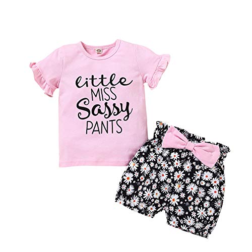 Julhold Conjunto de camiseta con volantes para recién nacidos y pantalones cortos con estampado de letras y lazo.