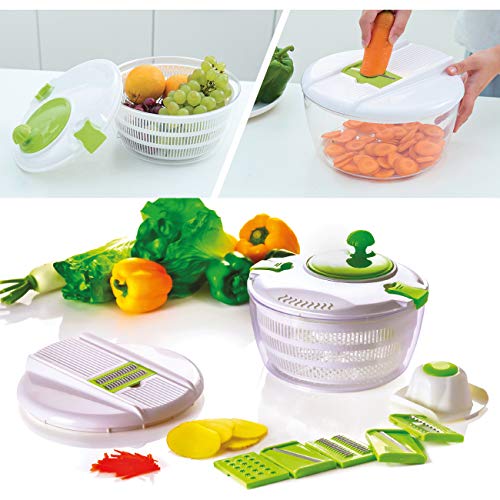 KVOTA Girador de ensalada, cortador de verduras y centrifugadora – Juego 2 en 1 con 6 discos intercambiables