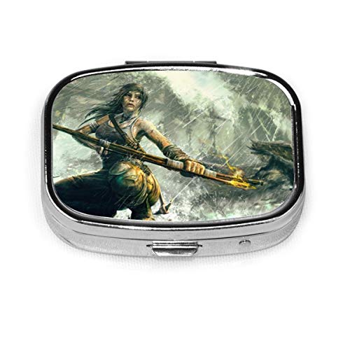 Lara Croft Tomb Raider Pastillero cuadrado caja de almacenamiento pastillero, se utiliza para llevar, administrar píldoras, soporte portátil con 2 compartimentos