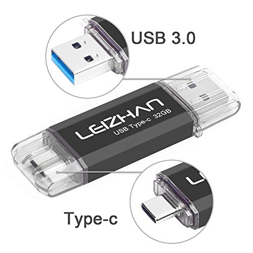 LEIZHAN Memoria USB Tipo C 32GB,Flash Drive USB 3.0 OTG para Samsung S9,Huawei,Portátil,Teléfono y Otras Dispositivos USB o Tipo C-Negro