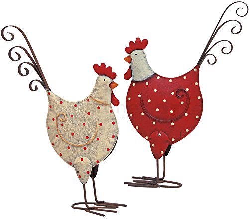 Matches21 - Figuras decorativas de gallinas y gallinas de Pascua, decoración primaveral, figuras de metal en blanco y rojo con lunares, juego de 2 unidades de 15 x 25 cm