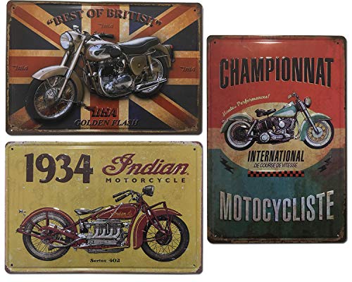 Placas Decorativas Metálicas de Motos |. Set de 3 Chapas Vintage | Decoración Retro de Motos para pared de Salón, Bar, Taller, Oficina | Tamaño 20x30.
