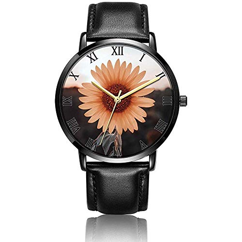Reloj de Pulsera Girasol Solitario Personalizado, Correa de Reloj de Cuero Negro, Esfera Negra, Reloj de Pulsera de Moda