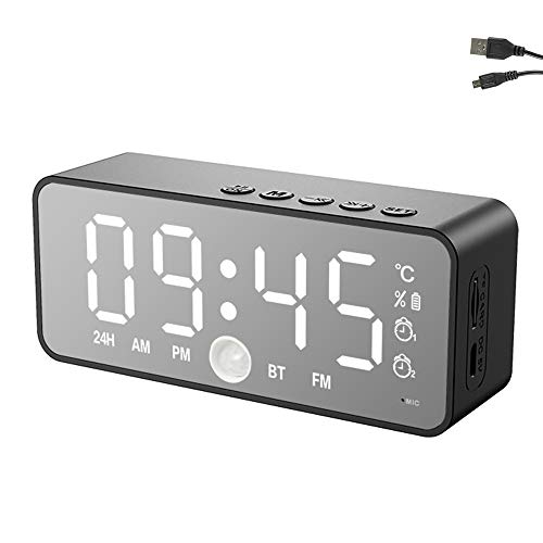 Reloj Despertador Digital LED, Reloj Digital Espejo Bluetooth MP3 Radio FM Altavoz Carga USB con Función de Repetición, 2 Alarmas y Pantalla LED de Espejo, para Dormitorio/ Oficina/Escritorio (Negro)