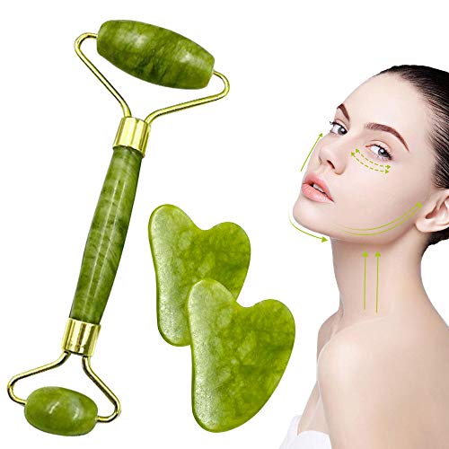 Rodillo de jade,Masajeador Facial Jade Roller,Natural Jade Roller Massager,con 2 espátulas de jade,antienvejecimiento,adecuado para la piel de la cara y el cuello