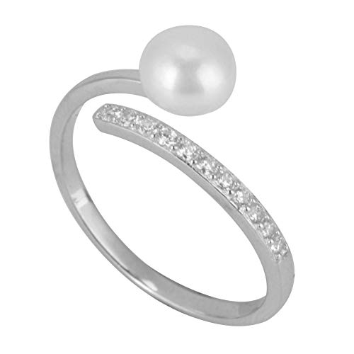 S925 Anillo de plata esterlina, anillo personalizado elegante apertura ajustable mujeres sencillas Zircon Faux Pearl anillo personalizado para cumpleaños de compromiso de boda (tamaño de EE. UU. 7)