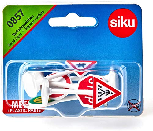 SIKU 0857, Set de señales de carretera, 6 piezas, Metal/Plástico, Multicolor, Fácil de combinar con los mundos de juego SIKU