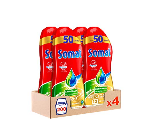 Somat Oro Gel Lavavajillas Antigrasa – Pack de 4, Total: 200 lavados (3.6 L)