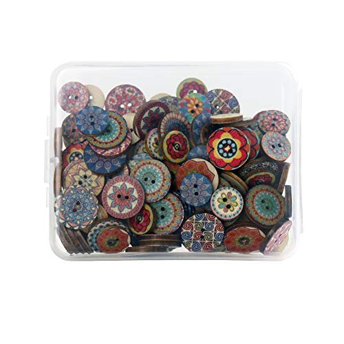 SUNTATOP 150 Botones Redondos de Madera, 15mm&20mm para Decoraciones Artesanales de Costura y Bricolaje, Variedad de Impresión