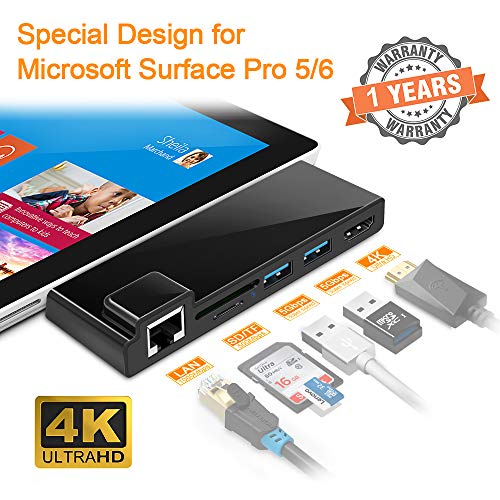 Surface Pro Dock para Surface Pro 4/5/6 Hub Docking Station, Microsoft Surface Dock 6 en 1 con Adaptador HDMI 4K, 1000M Gigabit Ethernet, 2 Puertos USB 3.0 (5Gbps), Lector de Tarjetas SD/TF