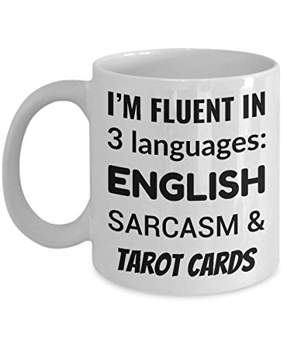 Tarjeta de lote tarot taza de café - soy fluido en 3 idiomas - inglés sarcasmo y cartas del tarot