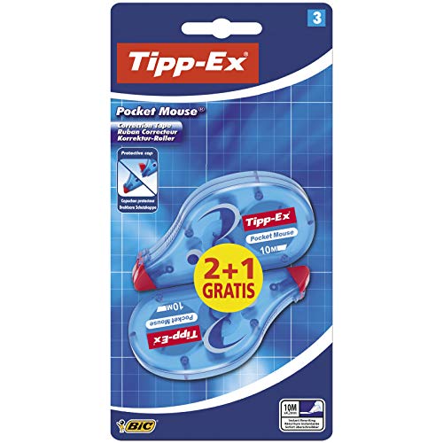 Tipp-Ex Pocket Mouse Cinta Correctora, No necesita Secado– 10 m x 4,2 mm, Blíster de 3 Unidades, Cinta blanca, para corrección precisa