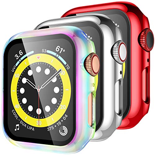 Upeak 3 Paquetes Carcasa Compatible con Apple Watch Series 6/5/4/SE 44mm Funda con Película de Vidrio Templado, Funda Protectora 360° Alrededor para iWatch Series 6/5/4/SE, Colorido/Plata/Rojo