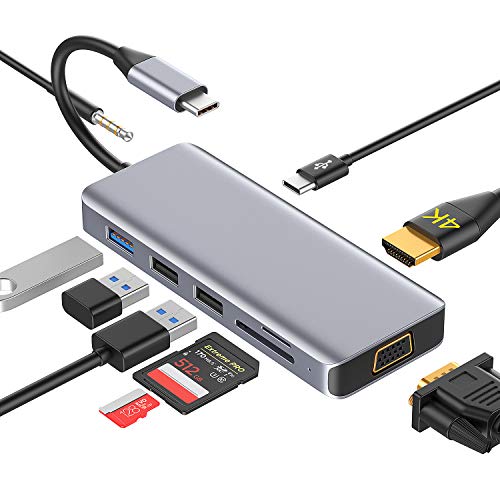 USB C Hub 9 in 1 Type C Adaptador Dual-Display with HDMI 4K,VGA,3 USB Ports,USB-C PD, Audio, Lector de Tarjetas SD/TF Dex Station Compatible with Nintendo Switch,MacBook Pro/Air 2018/2019