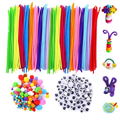 VABNEER Pipe Cleaners Crafts Set 500 Pcs Pipe Cleaners Chenille Stem, Pompoms and Googly Wiggle Eyes for Craft DIY Art Supplies Decoración Hecha a Mano