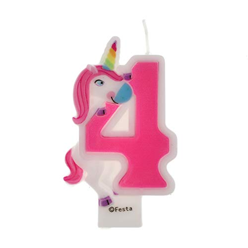Velas de Cumpleaños Diseño Unicornio de 9cm, Adecuadas para fiesta de Cumpleaños para Niños Niñas Color Rosa blanca Numero 4