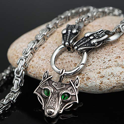 Viking - Collar con colgante de cabeza de lobo para hombre, acero inoxidable pesado, hecho a mano, amuleto de cabeza de dragón, cadena cuadrada, 70 cm