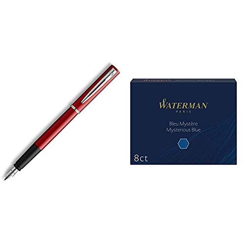 Waterman Graduate Allure pluma estilográfica, lacado rojo, plumín mediano, tinta azul, estuche de regalo + Cartuchos de tinta para plumas estilográficas, largos, azul misterioso, paquete de 8