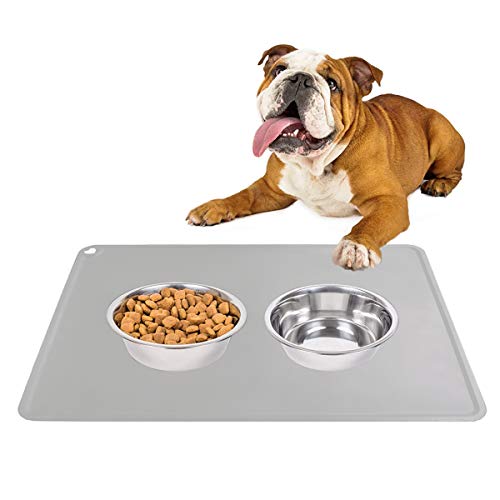 YUDICP Alfombrilla de alimentación para perros de silicona, antideslizante, impermeable, fácil de limpiar, 41 x 31 cm, color gris claro
