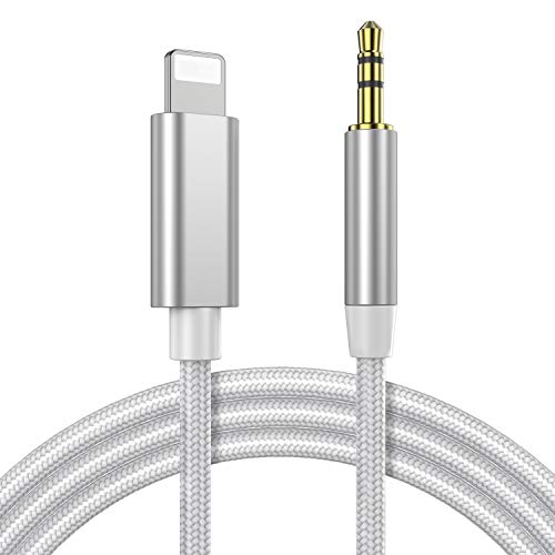 YUMINE iPhone Cable auxiliar para coche Jack de 3,5 mm mm- Cable de audio auxiliar premium para iphone X / XR / 8 / 8P / 7 / iPad / iPod macho a macho -Plata 3Ft / 1M