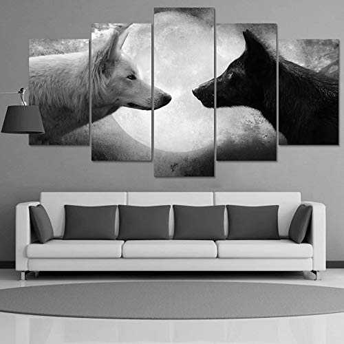 ZKLIB Lienzo decoración para el hogar 5 Piezas en Blanco y Negro Imagen de Lobo Cartel Animal Animal salón Arte de la Pared, tamaño 3