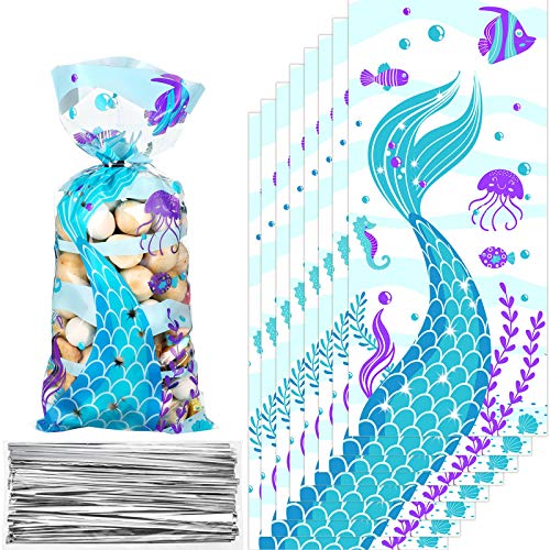 100 Piezas Bolsa de Dulces de Fiesta de Cumpleaños de Sirena de Plástico Bolsa de Celofán Transparente Bolsa de Caramelos Galletas Temática de Cola de Sirena con 100 Precintos Plateados