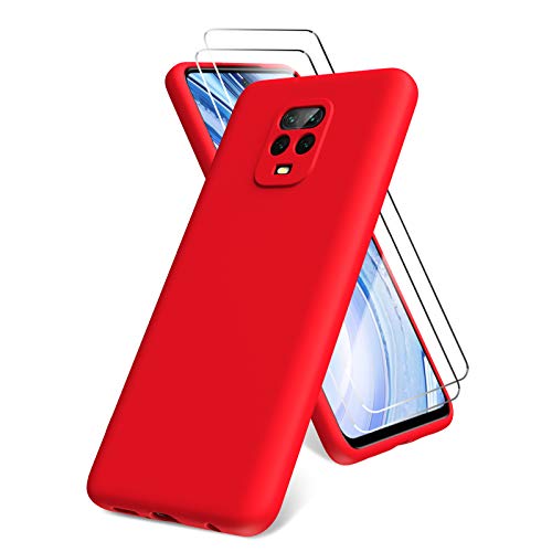 All Do Oududianzi Funda para Xiaomi Redmi Note 9 Pro/Note 9S, Protector Pantalla Cristal Templado, Carcasa de Silicona Líquida Gel Ultra Suave Funda con tapete de Microfibra Anti-Rasguño - Rojo