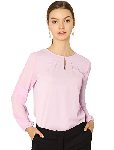 Allegra K Blusa Elegante Oficina De Trabajo Cuello De Cerradura Camisa De Gasa Semi Transparente Mangas Largas para Mujeres Rosa XL