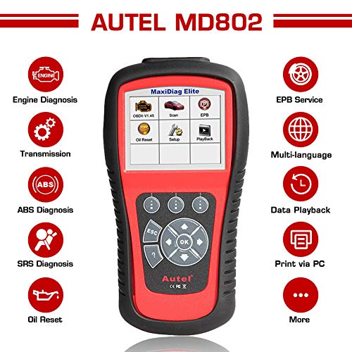 Autel MaxiDiag MD802 Escaner Coche OBD2 para Motor, SRS (Airbag) ABS EPB Frenos y Reseteo Luz Aviso Aceite