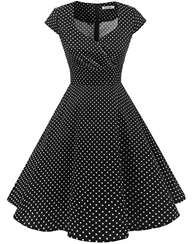 Bbonlinedress Vestido Corto Mujer Retro Años 50 Vintage Escote En Pico Black Small White Dot M