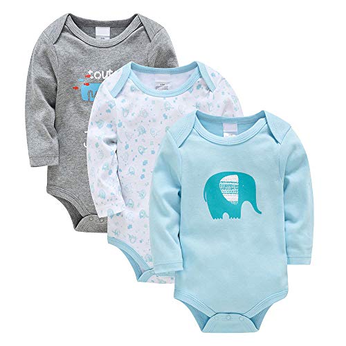 Bebé Body Pack de 3 - Mono Niños Mameluco Manga Larga para Niñas Pijama Trajes de Invierno Algodón Recién Nacido Pelele Ropa Elefante Azul 0-3 Meses