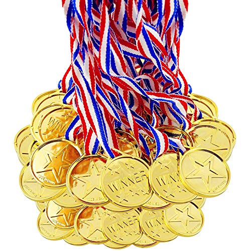 BJ-SHOP Medallas Ninos,Medallas Deportivas Premios plasticos de Oro para los ninos Fiesta Deportiva del Dia Recompensa tematica olimpica(36 Pcs)