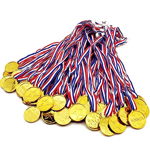 BJ-SHOP Medallas Ninos,Medallas Deportivas Premios plasticos de Oro para los ninos Fiesta Deportiva del Dia Recompensa tematica olimpica(48 Pcs)