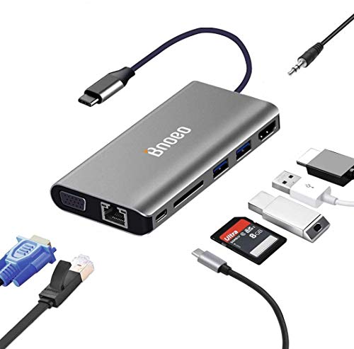Bnoeo 8 en 1 USB C Hub,Hub Tipo C con Ethernet,4K USB a HDMI,USB a VGA,2 USB 3.0,Lector de Tarjetas Micro SD/TF,3.5 Mic/Audio,Puerto PD,Compatible para MacBook/MacBook Pro 2016/2017/2018/2019
