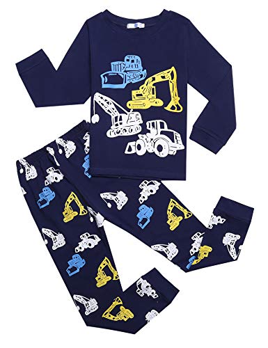 Bricnat Pijama de manga larga de algodón para niños, juego de 2 piezas, diseño de dinosaurios, tiburón, cielo estrellado, coche de bomberos, Bulldozer, 3-11 años, 100 azul
