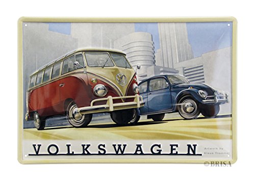 Brisa VW Collection - Volkswagen Furgoneta Hippie Bus T1 Van & Escarabajo Placa Metálica, Cartel de Metal para Pared, Chapa Decorativa Vintage, Póster para Hogar/Taller/Regalo/Souvenir (Multicolor)