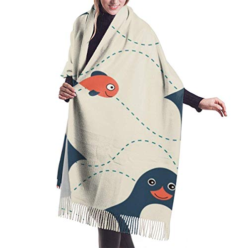 Bufanda de cachemira con estampado de dibujos animados de pingüinos con estampado de pez pingüino a la moda para mujer caja de regalo de bufanda grande cálida de invierno