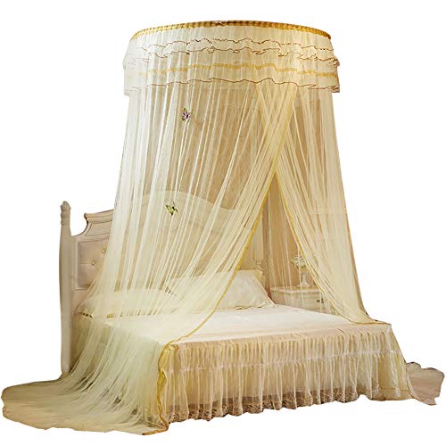 Cama con dosel de encaje mosquitera para camas de niñas Dosel de la cama de la princesa Dosel redondo romántico de 360 ° Cúpula Cortinas de cama Mosquitera para cama con dosel interior(Beige)