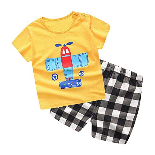 Camisa de manga corta para niños pequeños de verano con conjunto de pantalones cortos, amarillo, estampado de aviones, trajes de impresión para bebés(73)