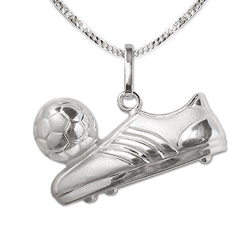 Clever - Juego de colgante en 3D de bota de fútbol con pelota por ambos lados, brillante, con cadena de plata de ley 925 de 42 cm